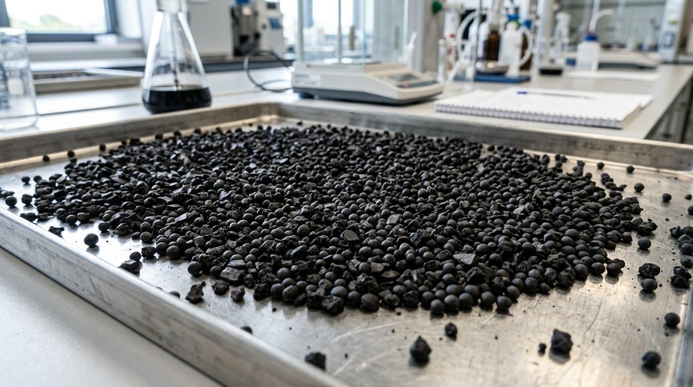 Recovered Carbon Black (rCB) micro-pellets in laboratory inspection tray